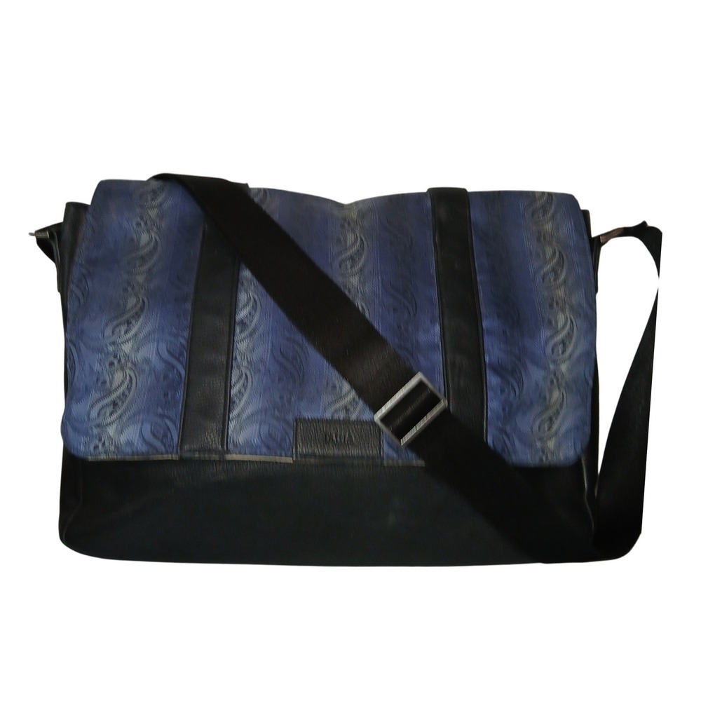 Tallia Mens Messenger Bag Blue Paisley Flap Black Pebbled Satchel Crossbody